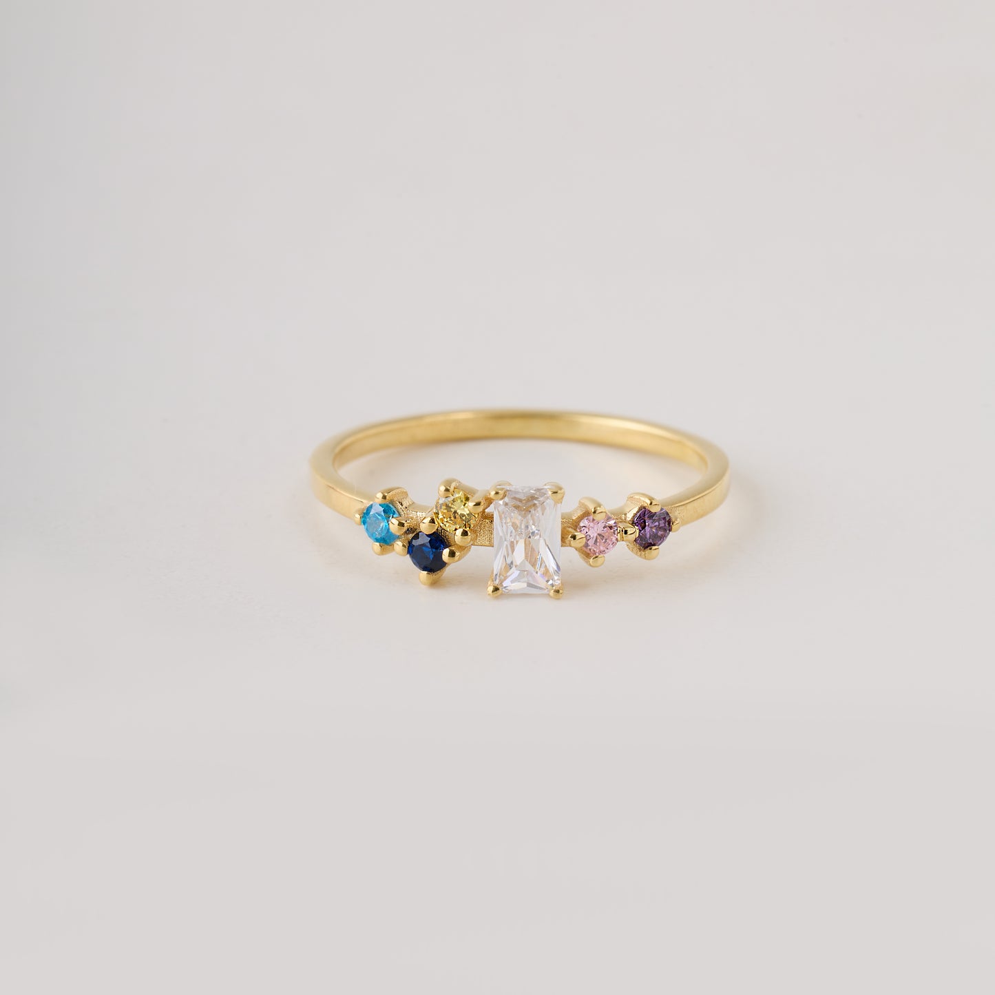 Multi Color Radiant Cut Ring, Solid Gold Radiant & Round Birthstone Ring | Dainty Minimalist Stacking Band, Unique Birthday Gift for Her