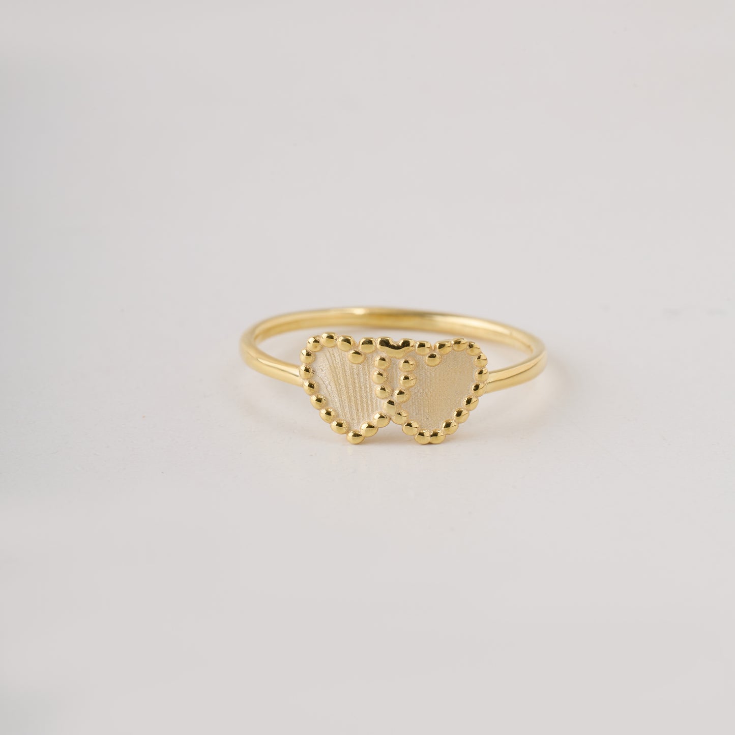 Double Heart Beaded Ring Solid Gold, Minimalist Twin Heart Stacking Band, Dainty Gold Love Ring,Solid Gold Handmade Jewelry Gift for Her