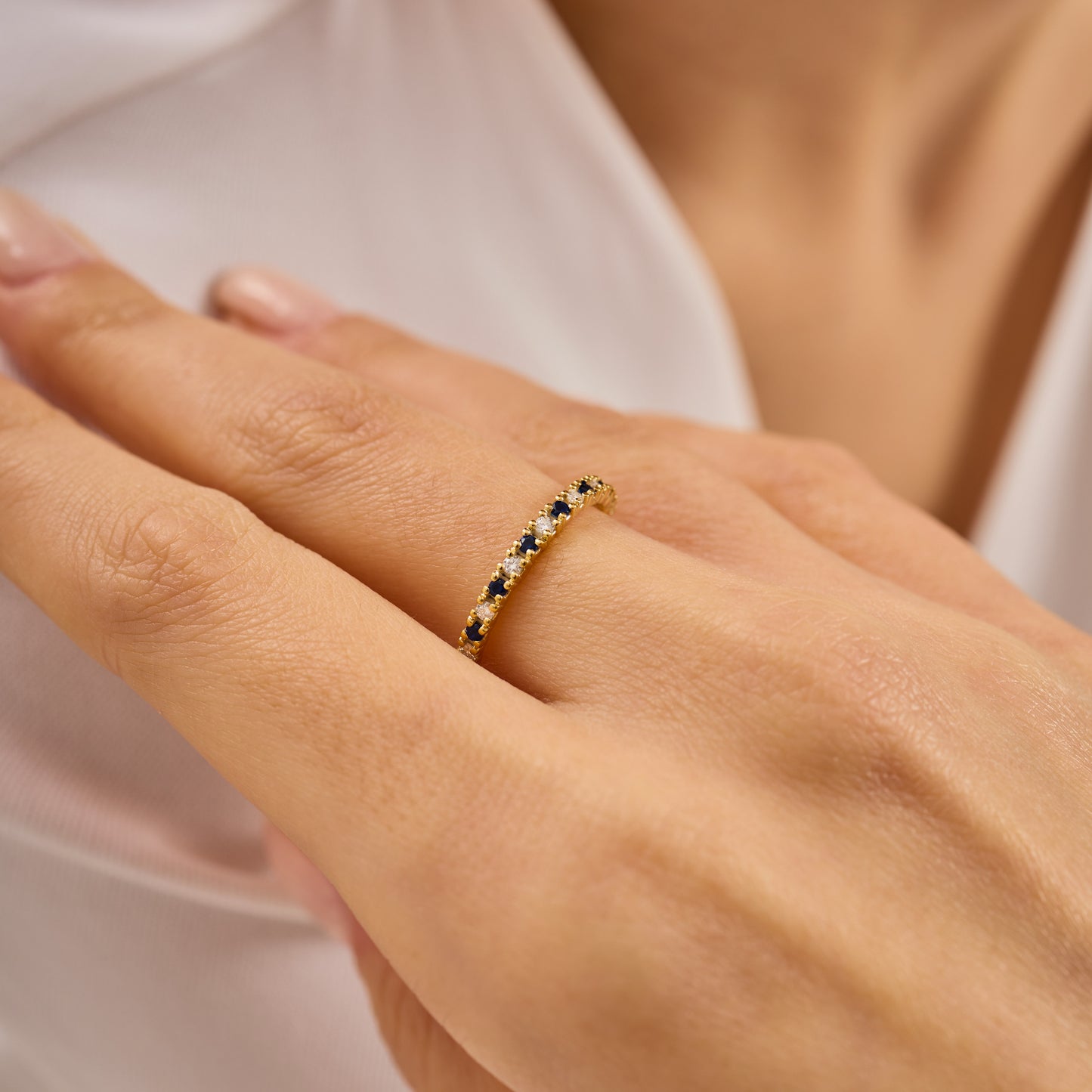 Solid Gold Sapphire Moissanite Ring | Half Eternity Stacking Band | Dainty Blue Sapphire Jewelry | Personalized Gift for Her