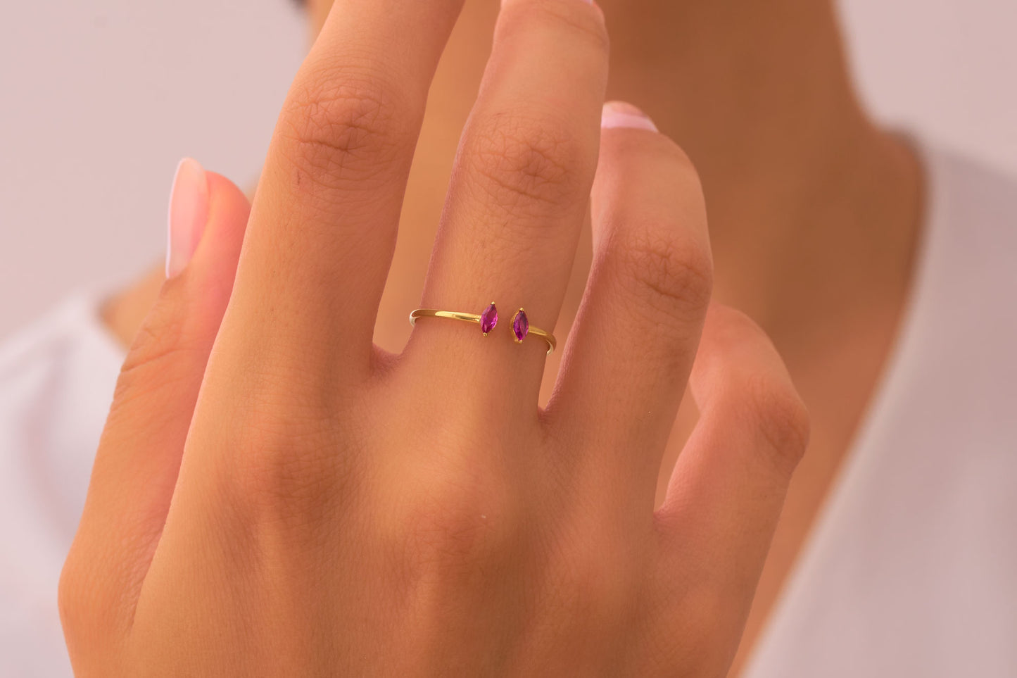 Open Marquise Cut Emerald and Garnet Ring, Birthstone Bypass Ring, Toi et Moi Ring, Adjustable Statement Ring for Women, Unique Promise Ring