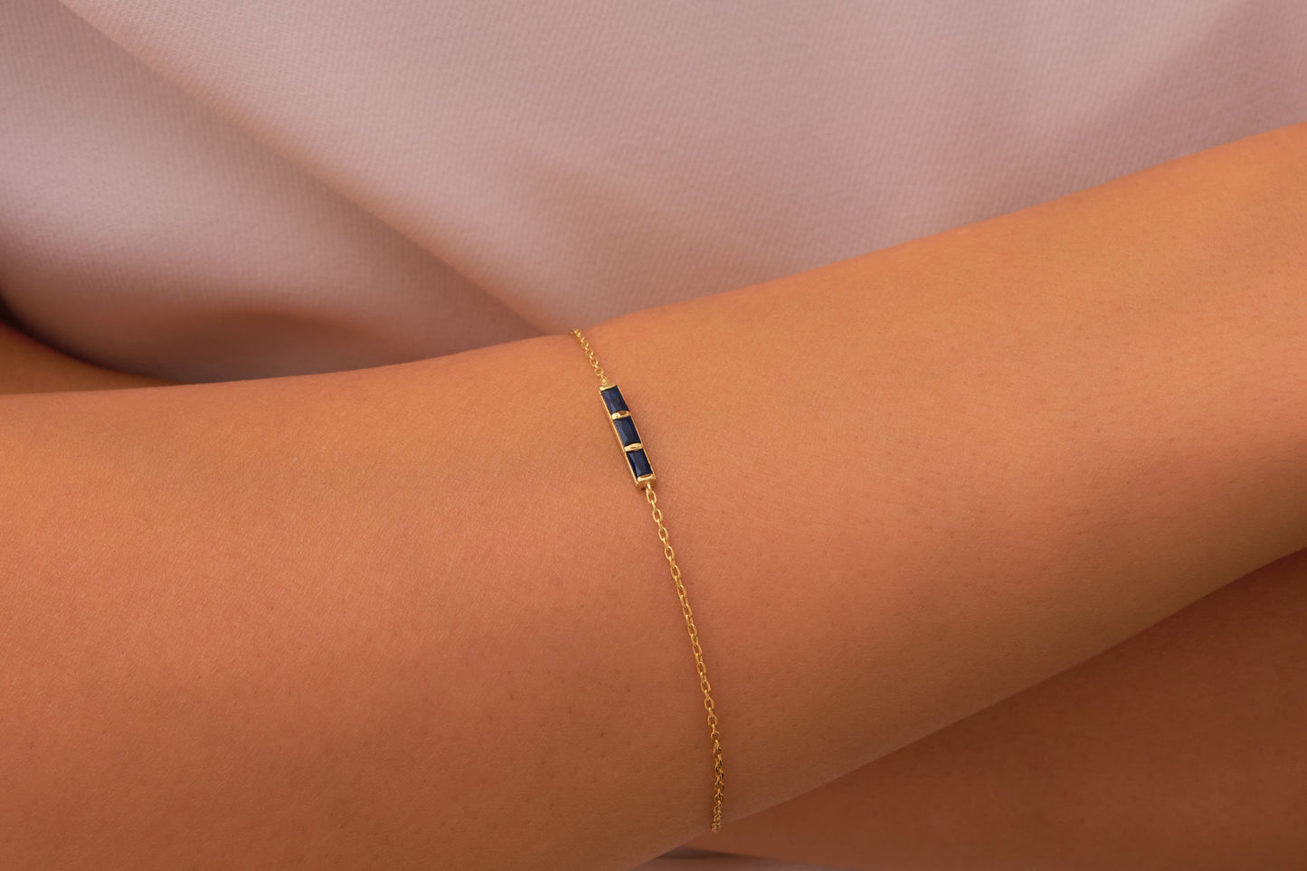 Blue Baguette Stone Bar Bracelet, Dainty Solid Gold Thin Bracelet, Simulated Sapphire Bracelet, Handmade Luxury Bracelet for Her