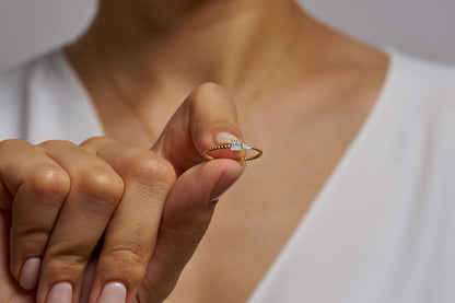 Modern Baguette Diamond Ring, Baguette Cut Minimalist Ring for Her, Beaded Gold Band Ring, Dainty Moissanite Engagement Ring,Gift for Wife