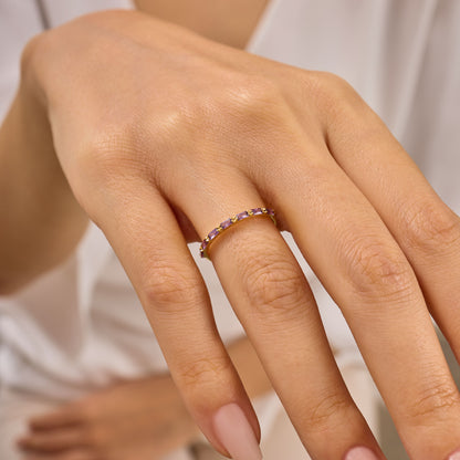Baguette Birthstone Ring:Amethyst Solid Gold Half Eternity Band
