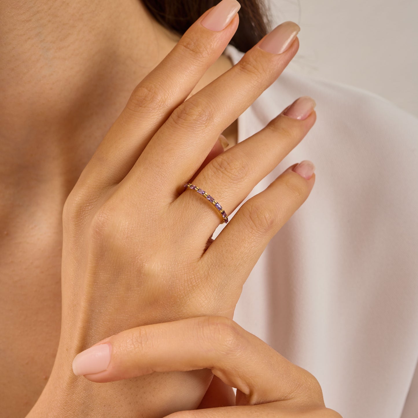 Baguette Birthstone Ring:Amethyst Solid Gold Half Eternity Band