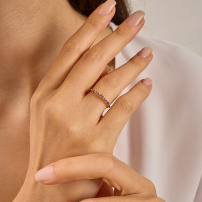 Baguette Birthstone Ring:Amethyst Solid Gold Half Eternity Band