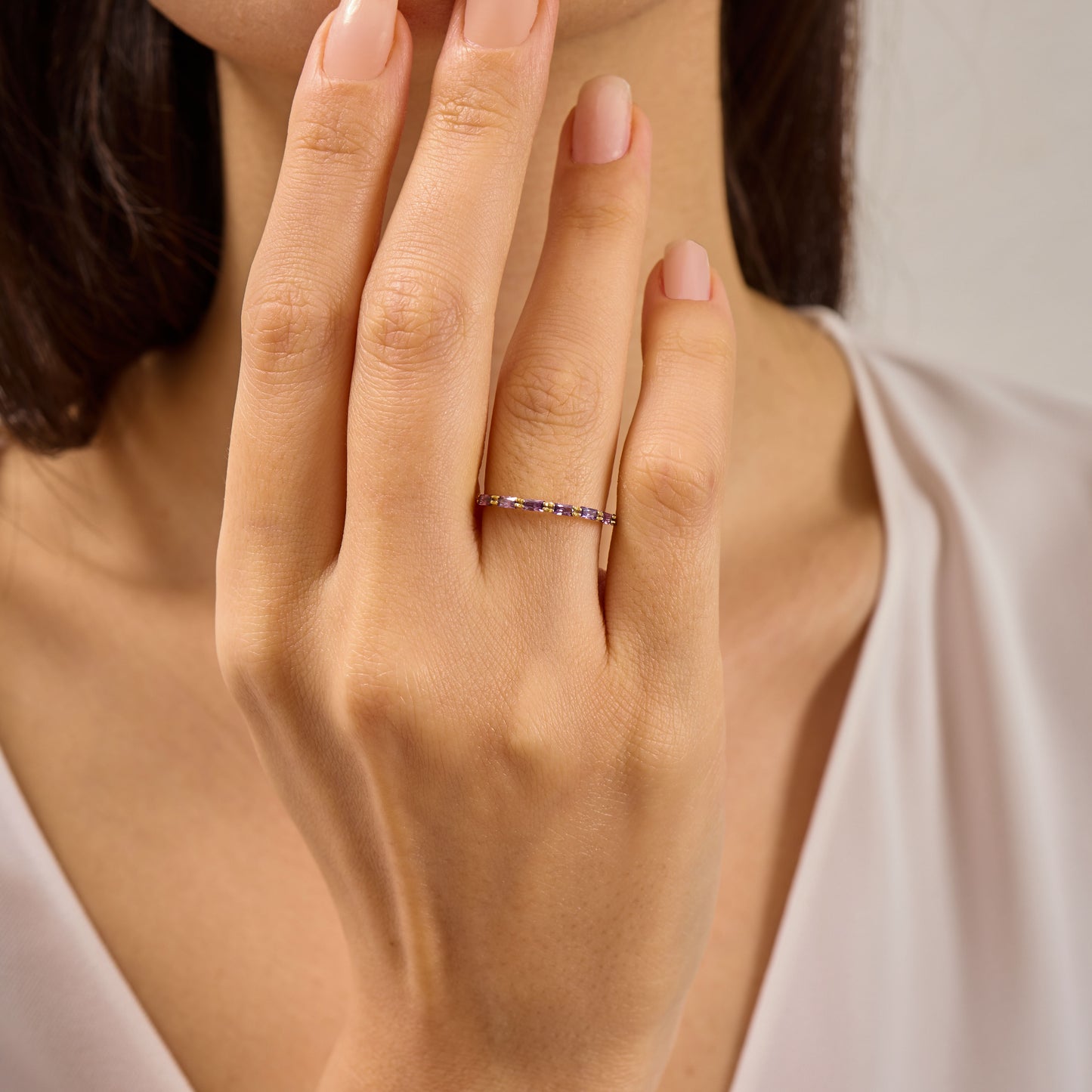 Baguette Birthstone Ring:Amethyst Solid Gold Half Eternity Band