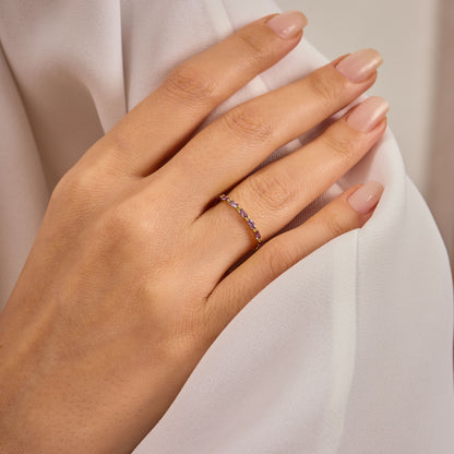 Baguette Birthstone Ring:Amethyst Solid Gold Half Eternity Band