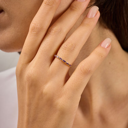 Baguette Birthstone Ring:Amethyst Solid Gold Half Eternity Band