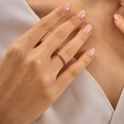 Baguette Birthstone Ring:Amethyst Solid Gold Half Eternity Band