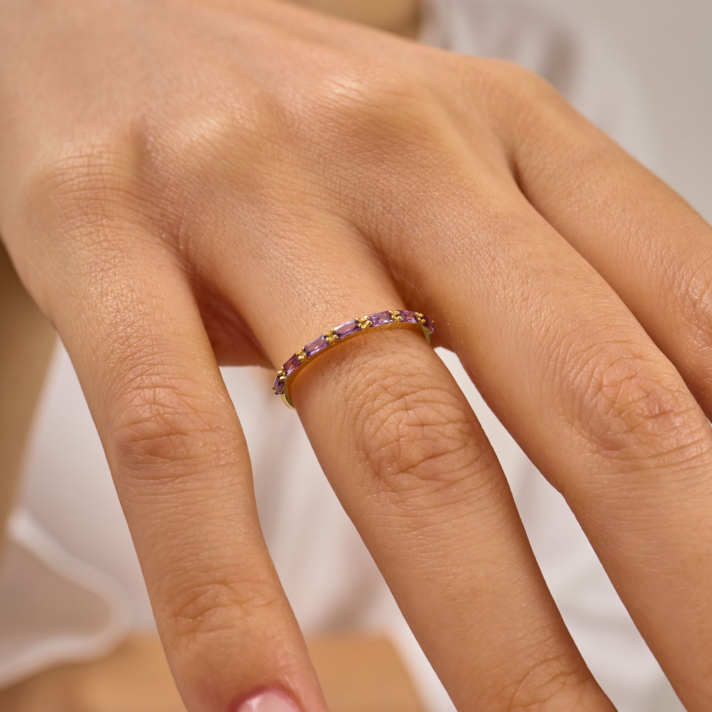 Baguette Birthstone Ring:Amethyst Solid Gold Half Eternity Band