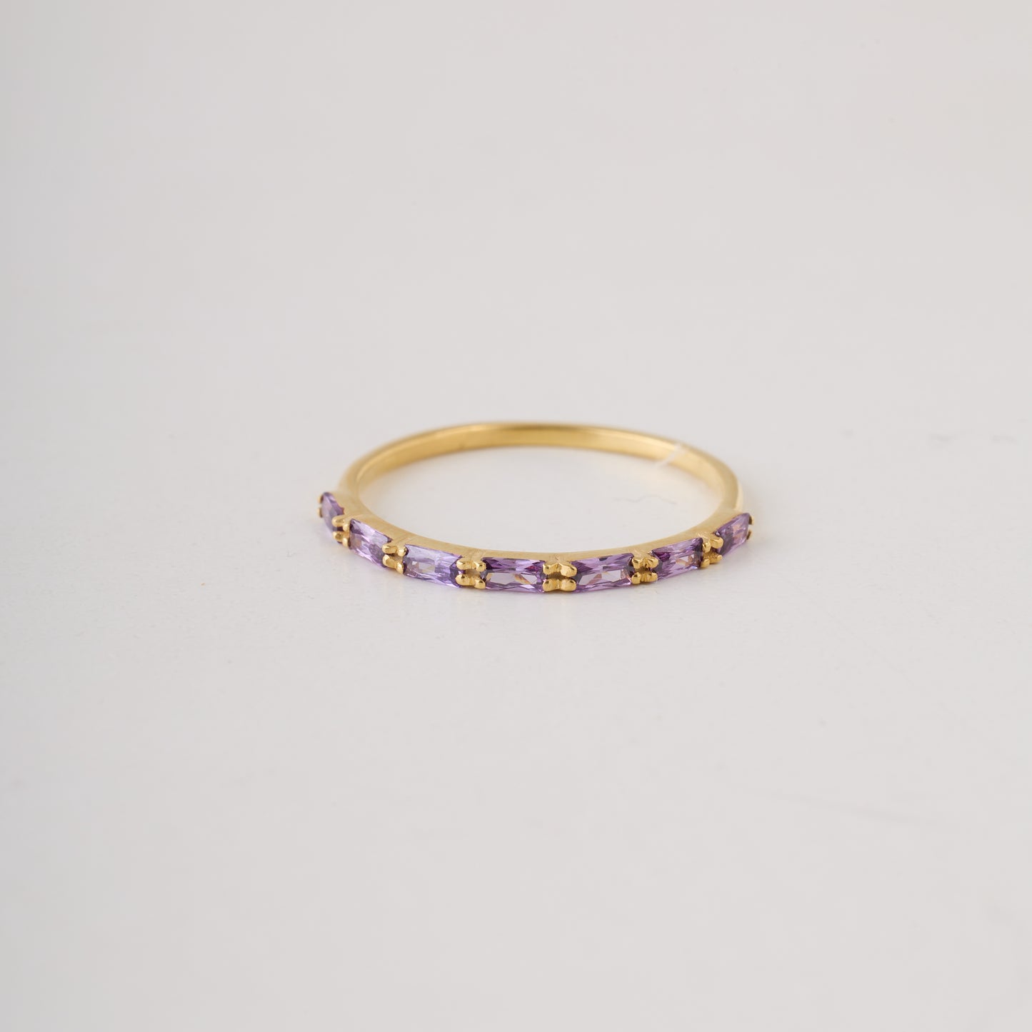Baguette Birthstone Ring:Amethyst Solid Gold Half Eternity Band