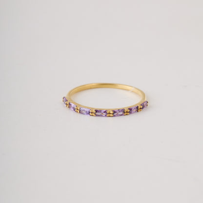 Baguette Birthstone Ring:Amethyst Solid Gold Half Eternity Band