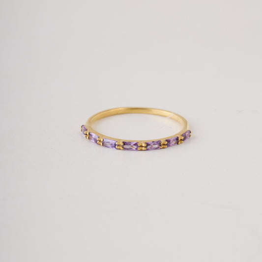 Baguette Birthstone Ring:Amethyst Solid Gold Half Eternity Band