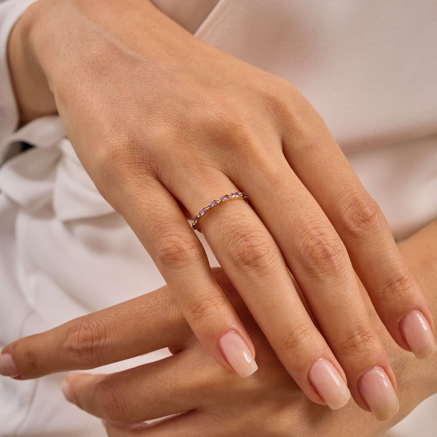 Baguette Birthstone Ring:Amethyst Solid Gold Half Eternity Band