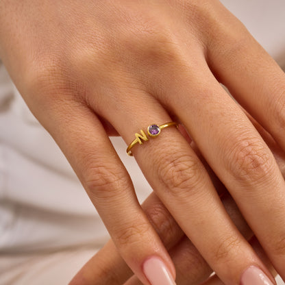 Custom Birthstone and Initial Ring: Adjustable Personalized Jewelry in Solid Gold