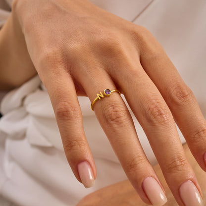 Custom Birthstone and Initial Ring: Adjustable Personalized Jewelry in Solid Gold