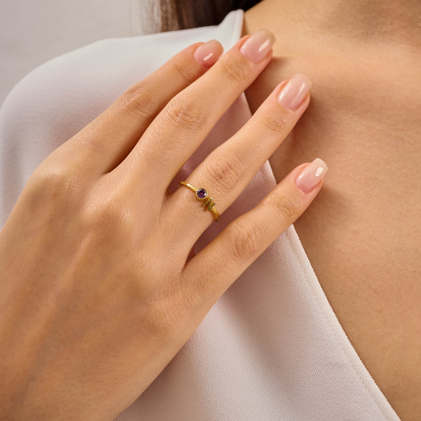 Custom Birthstone and Initial Ring: Adjustable Personalized Jewelry in Solid Gold