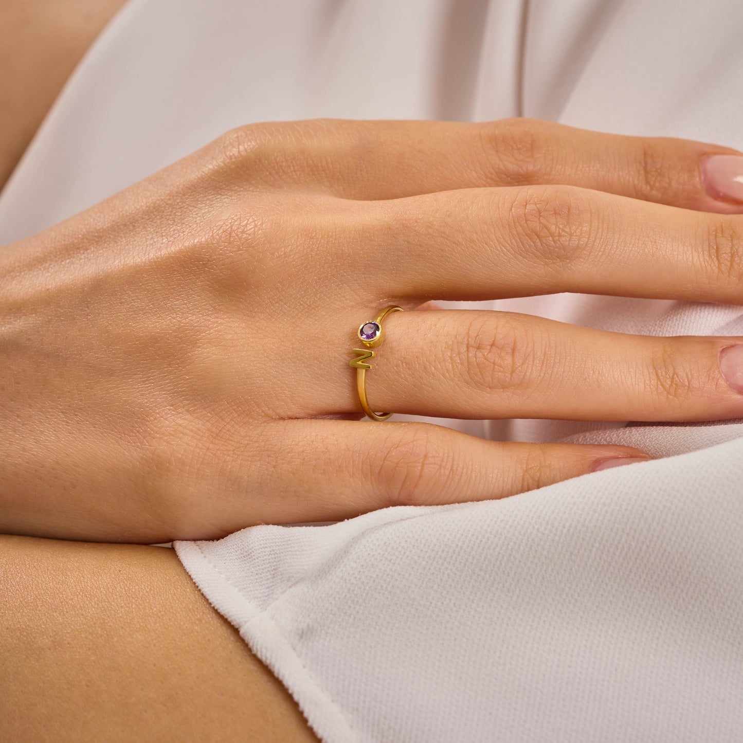 Custom Birthstone and Initial Ring: Adjustable Personalized Jewelry in Solid Gold