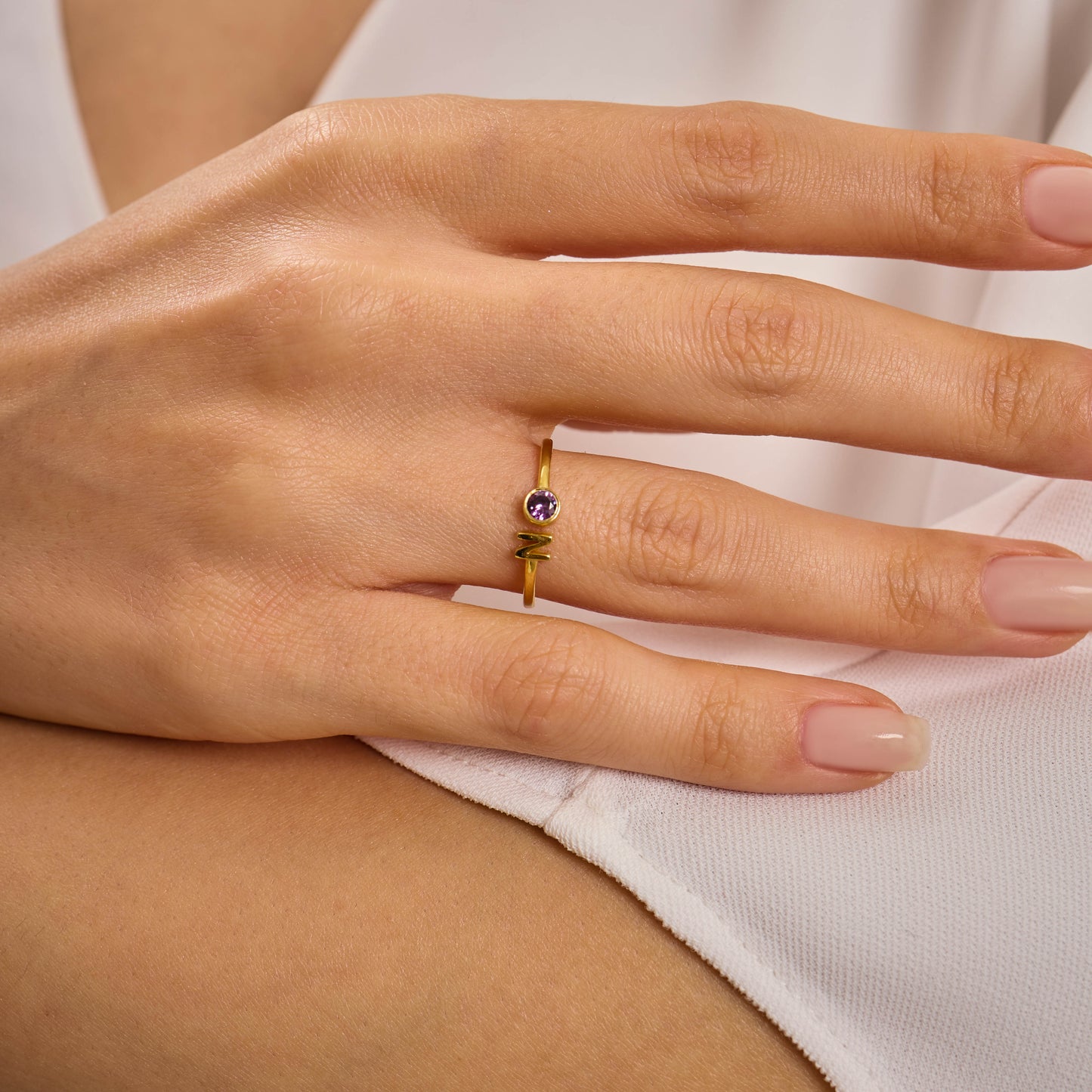 Custom Birthstone and Initial Ring: Adjustable Personalized Jewelry in Solid Gold