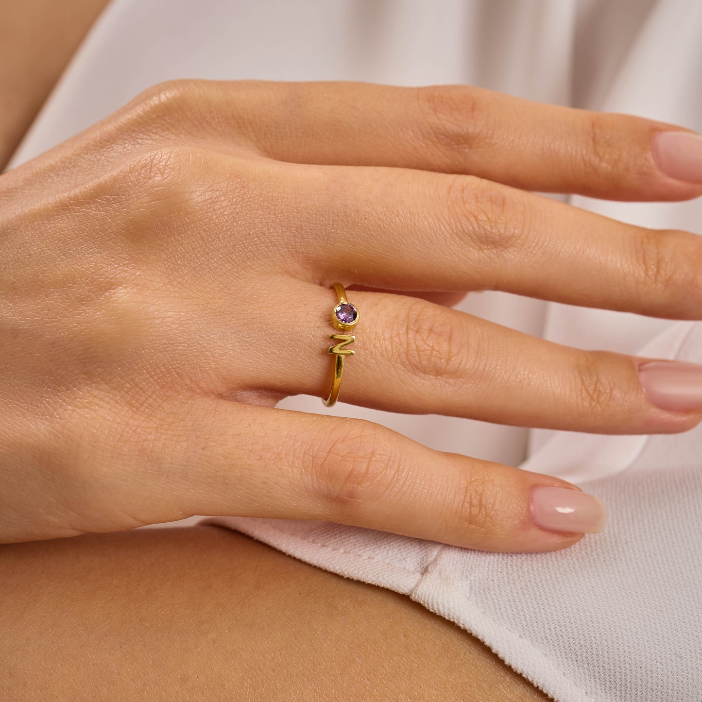 Custom Birthstone and Initial Ring: Adjustable Personalized Jewelry in Solid Gold