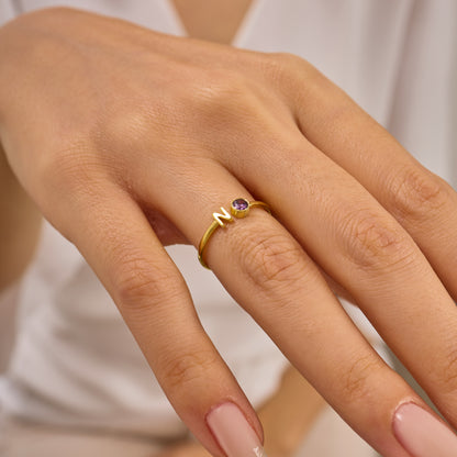 Custom Birthstone and Initial Ring: Adjustable Personalized Jewelry in Solid Gold