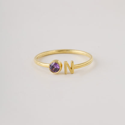 Custom Birthstone and Initial Ring: Adjustable Personalized Jewelry in Solid Gold