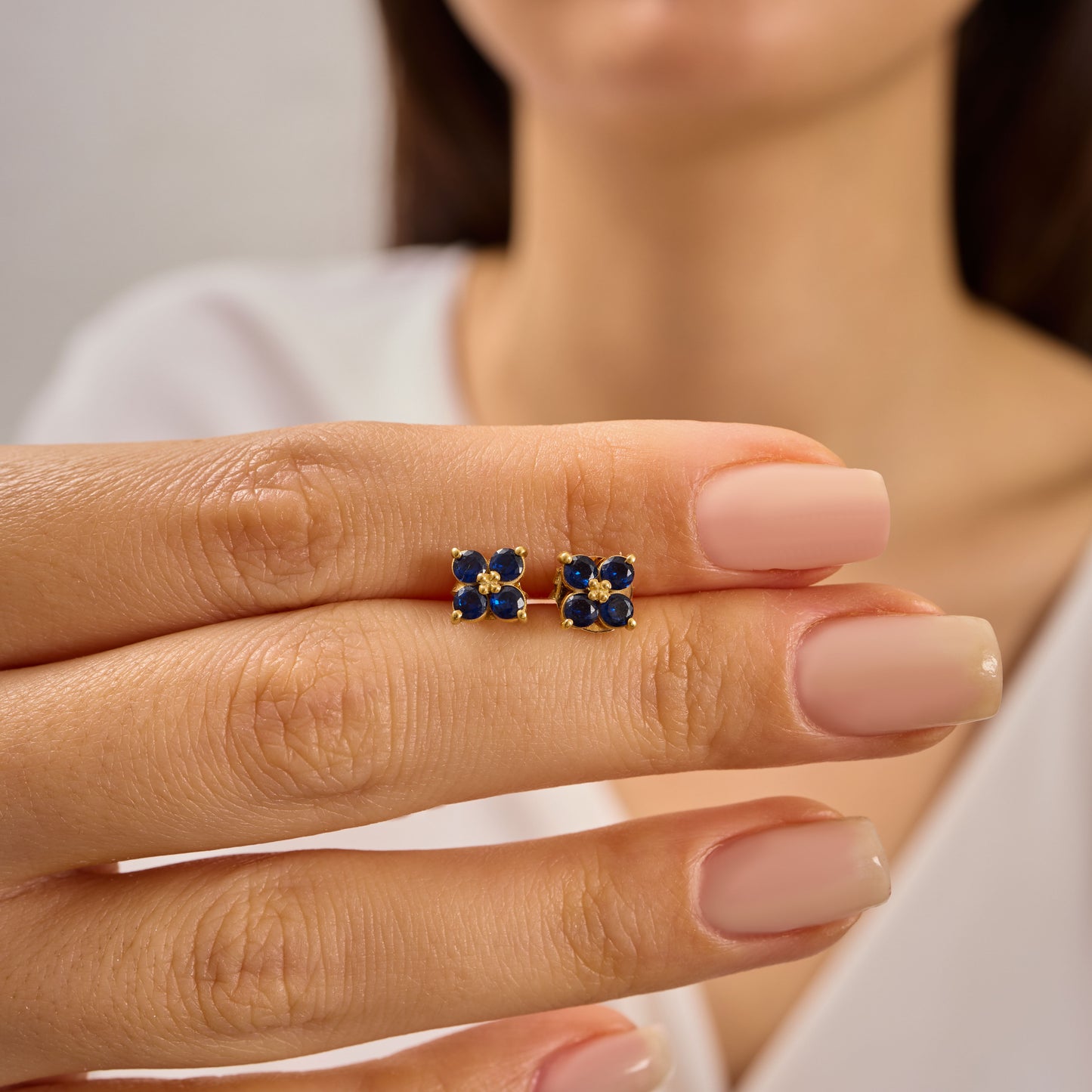 Blue Sapphire Flower Stud Earrings – Sterling Silver or Solid Gold Options | September Birthstone Dainty Jewelry | Bridesmaid Gift for Her