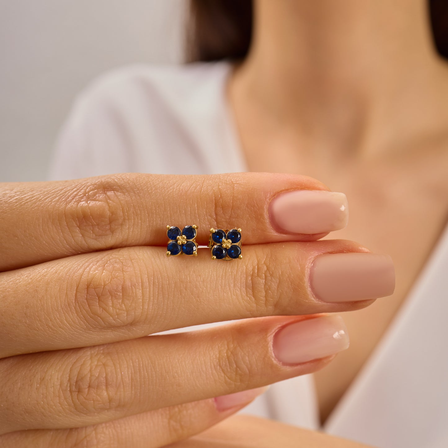 Blue Sapphire Flower Stud Earrings – Sterling Silver or Solid Gold Options | September Birthstone Dainty Jewelry | Bridesmaid Gift for Her
