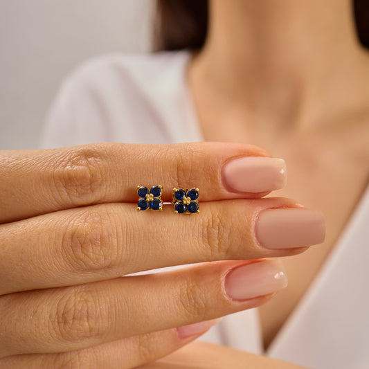 Blue Sapphire Flower Stud Earrings – Sterling Silver or Solid Gold Options | September Birthstone Dainty Jewelry | Bridesmaid Gift for Her