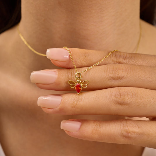 Solid Gold Tiny Bee Necklace | Garnet Pendant, Nature Inspired