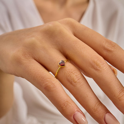 Gold Heart Ring • Red Zirconia Gemstone,Solid Gold Band