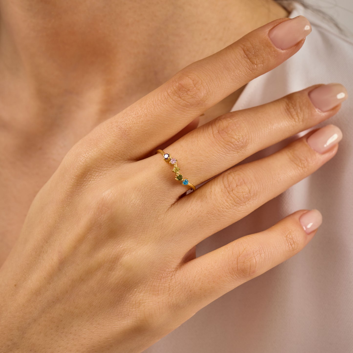 Solid Gold Rainbow Birthstone Ring | Dainty Gemstone Stacking Band