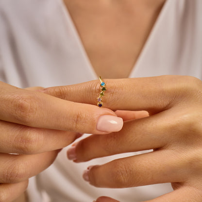 Solid Gold Rainbow Birthstone Ring | Dainty Gemstone Stacking Band
