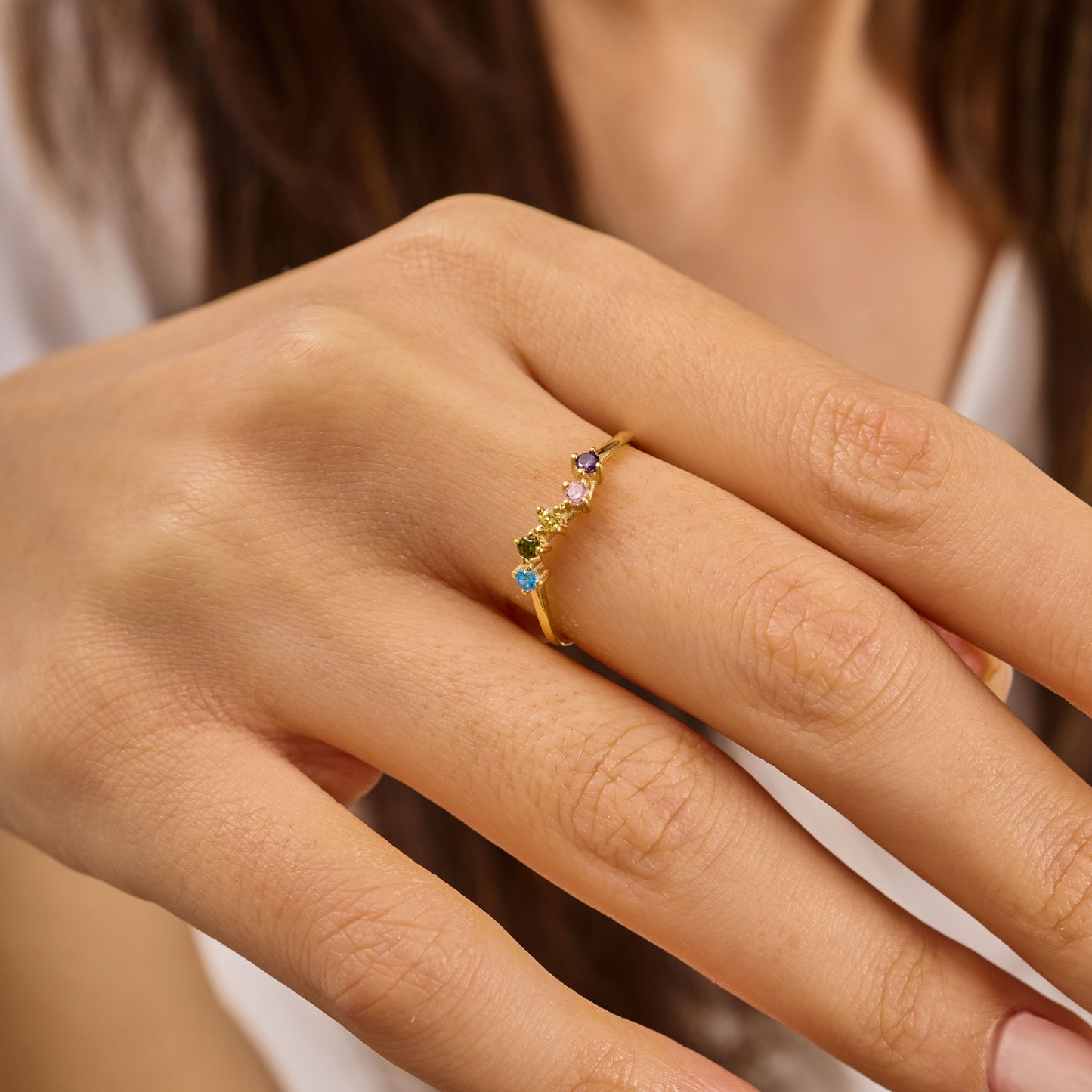 Solid Gold Rainbow Birthstone Ring | Dainty Gemstone Stacking Band