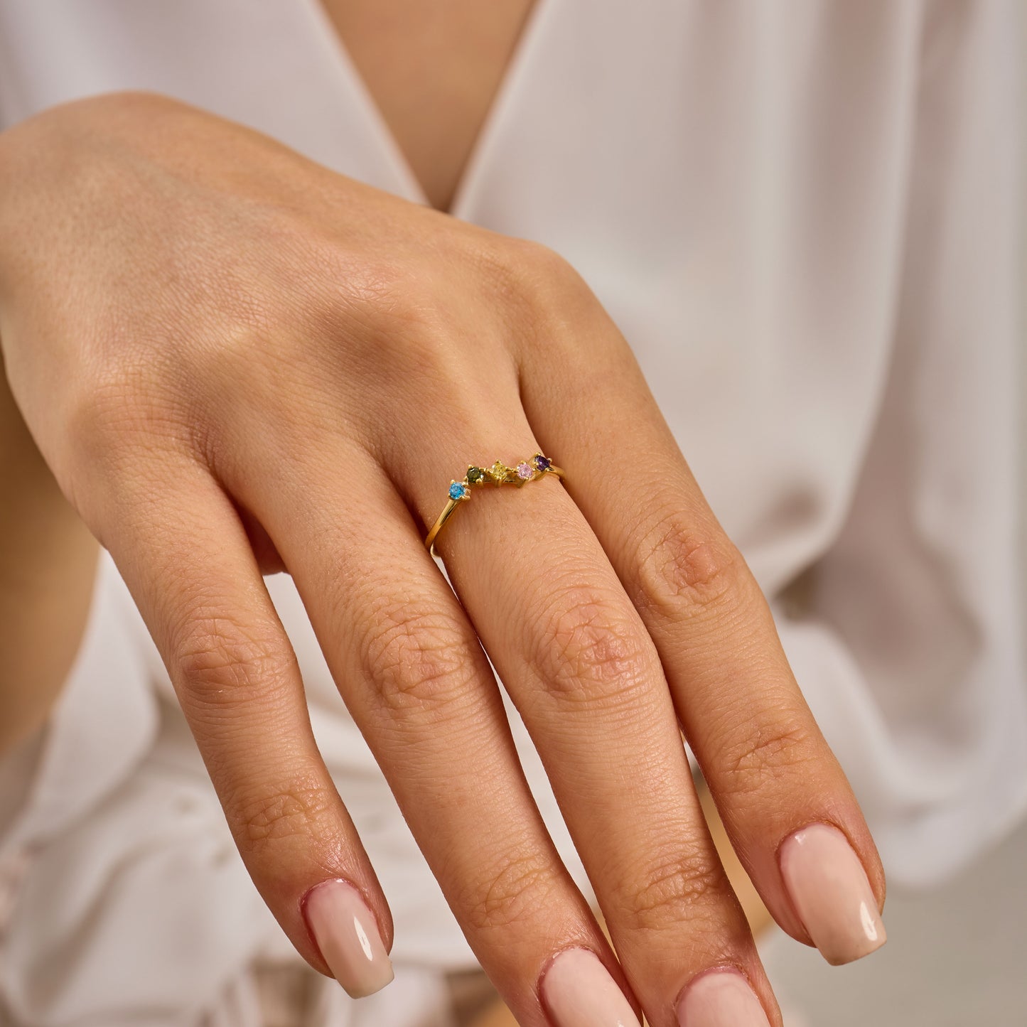 Solid Gold Rainbow Birthstone Ring | Dainty Gemstone Stacking Band