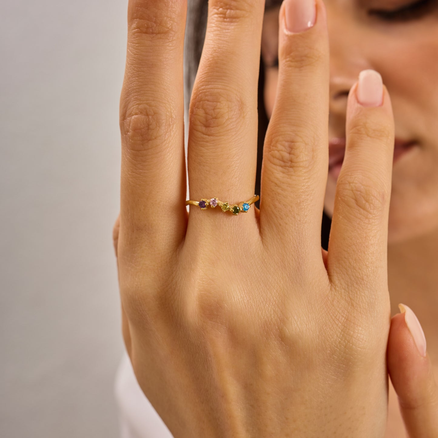 Solid Gold Rainbow Birthstone Ring | Dainty Gemstone Stacking Band