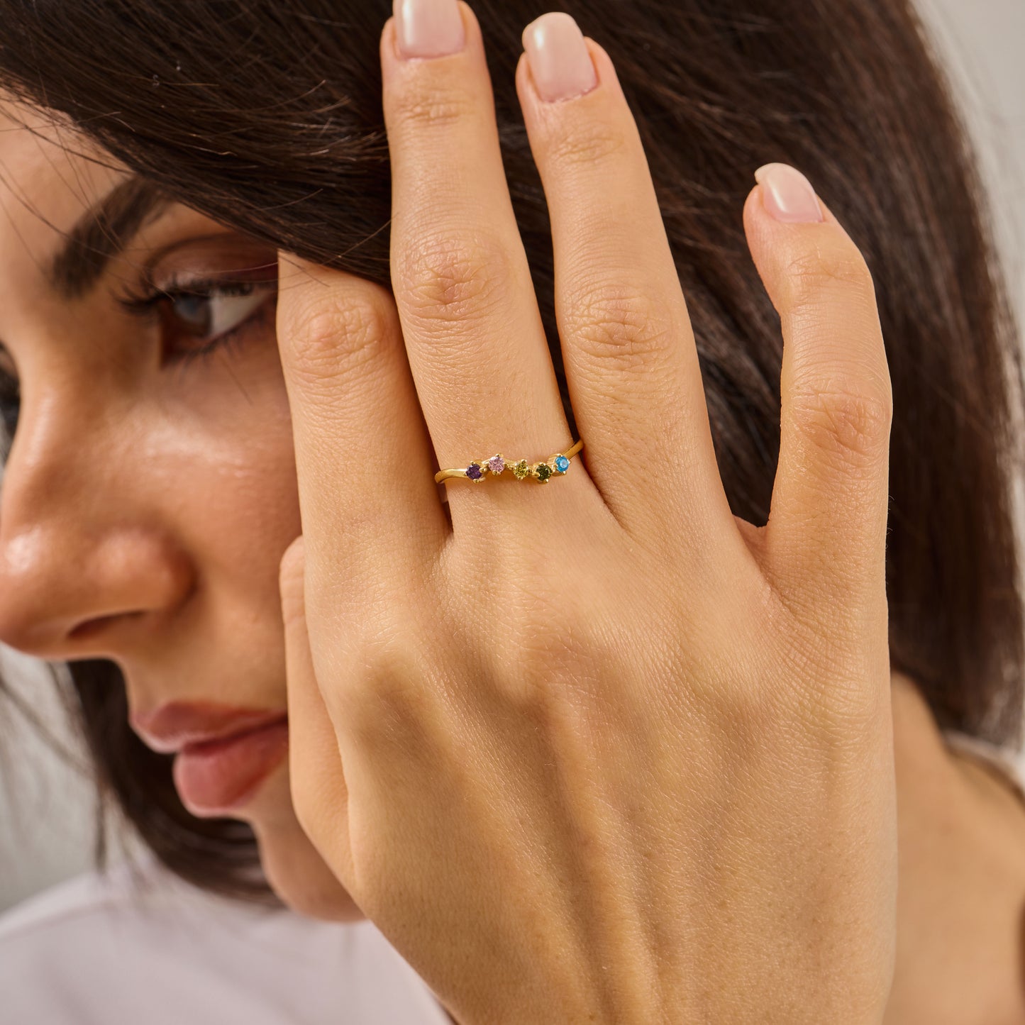 Solid Gold Rainbow Birthstone Ring | Dainty Gemstone Stacking Band