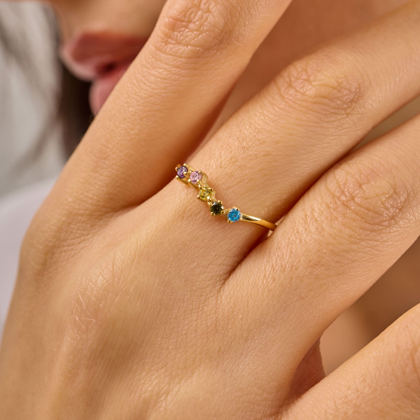 Solid Gold Rainbow Birthstone Ring | Dainty Gemstone Stacking Band
