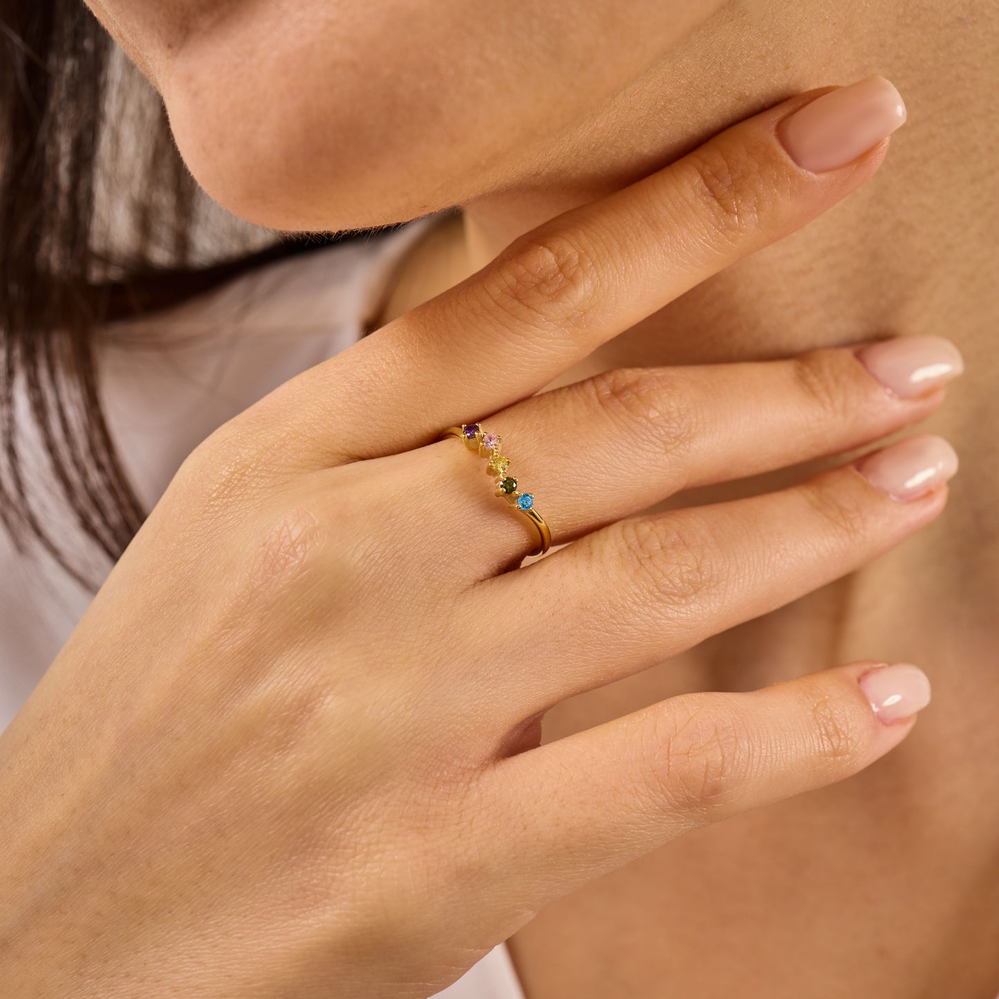 Solid Gold Rainbow Birthstone Ring | Dainty Gemstone Stacking Band