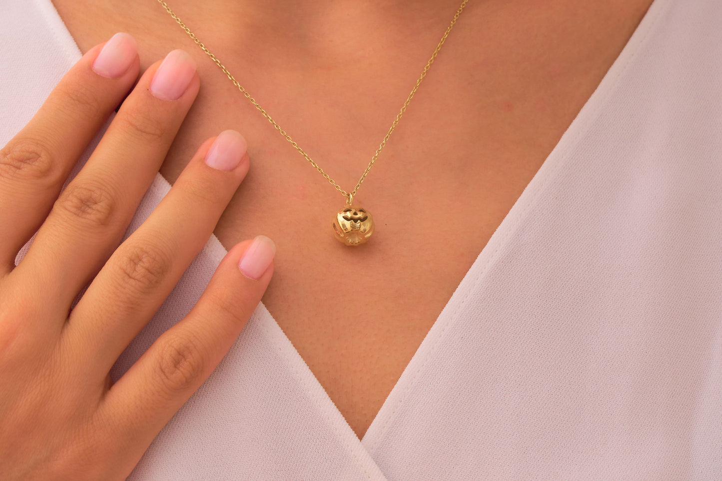 Halloween Pumpkin Necklace 14k Solid Gold Cute Pumpkin Charm Pendant