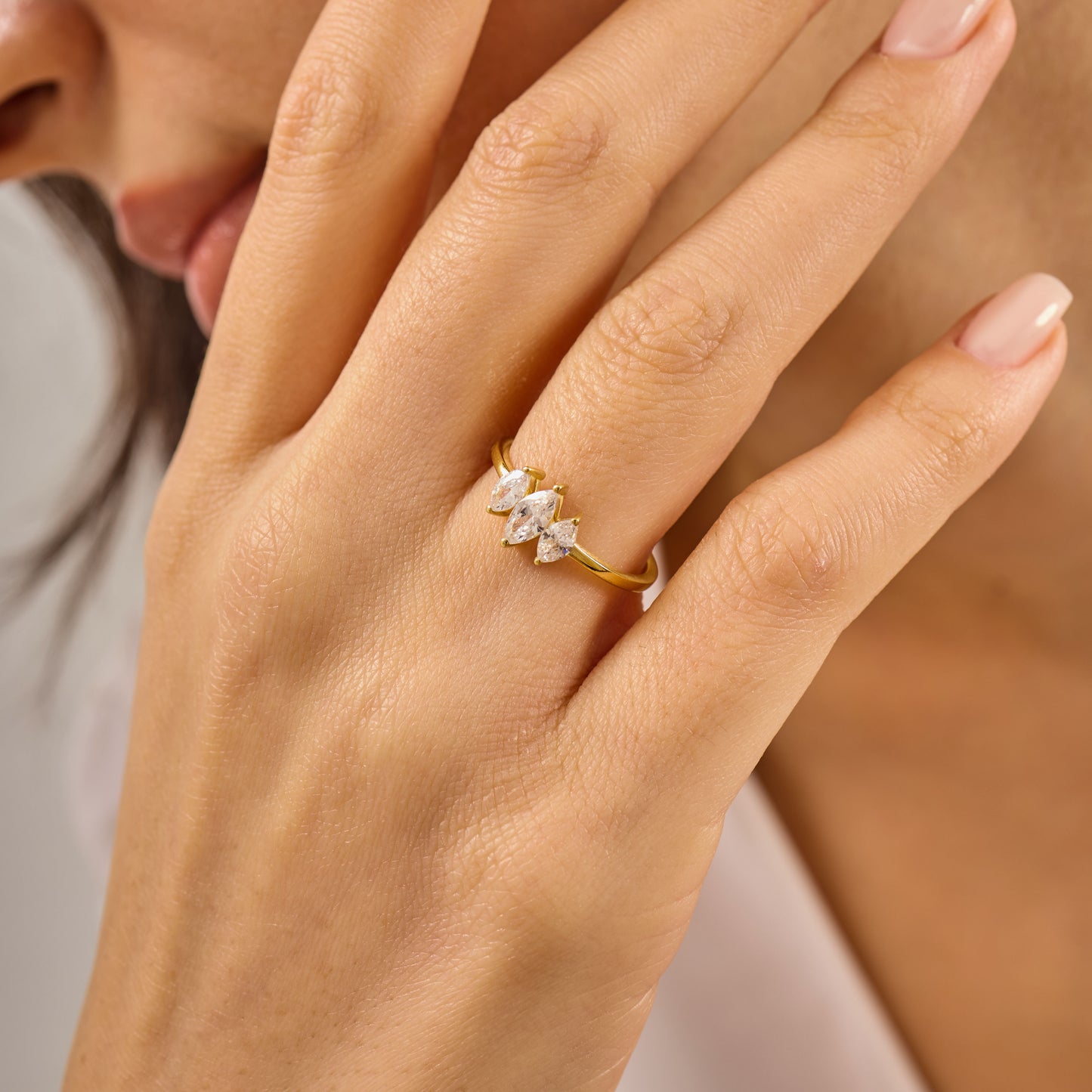Solid Gold Three Stone Marquise Moissanite Ring – Vintage Style