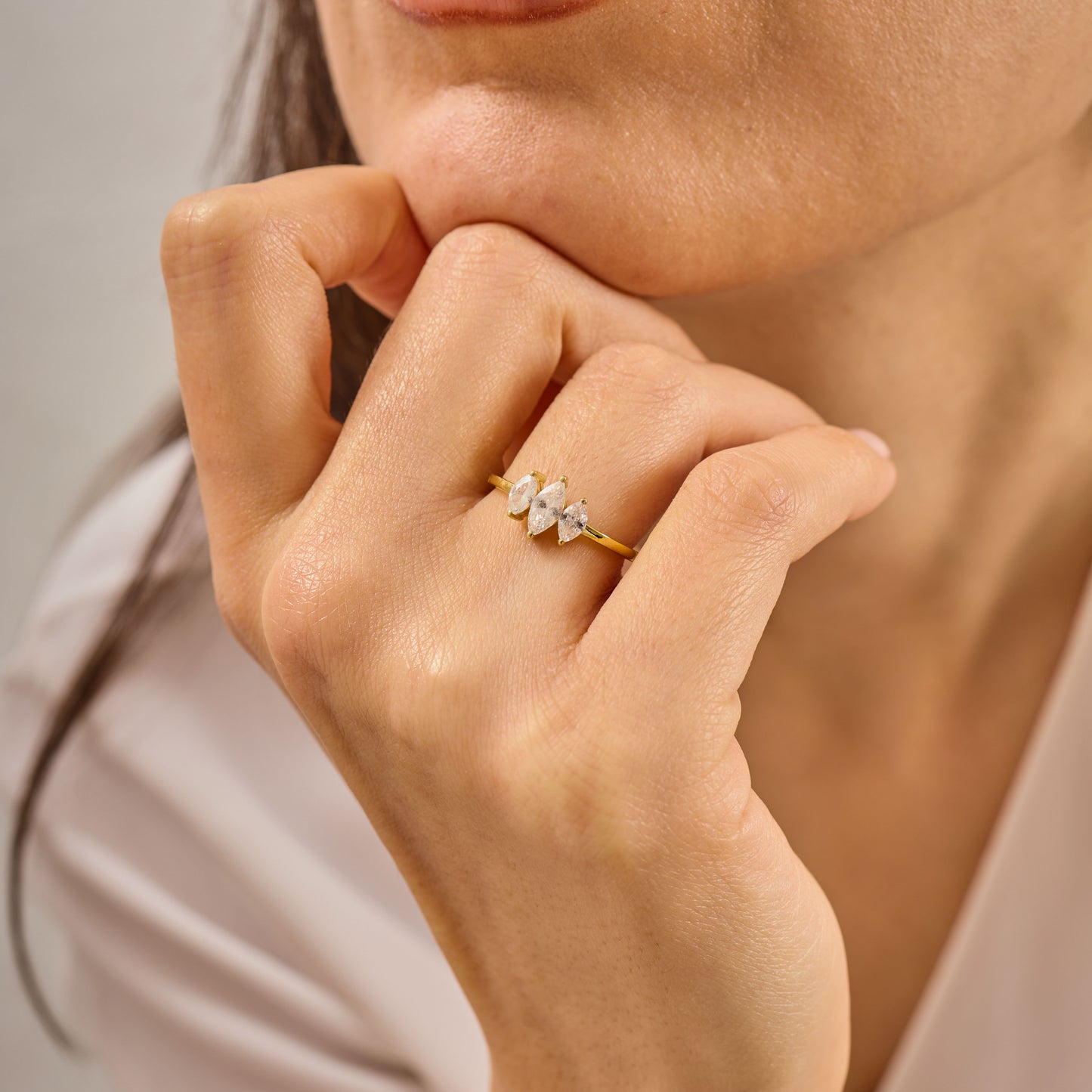 Solid Gold Three Stone Marquise Moissanite Ring – Vintage Style