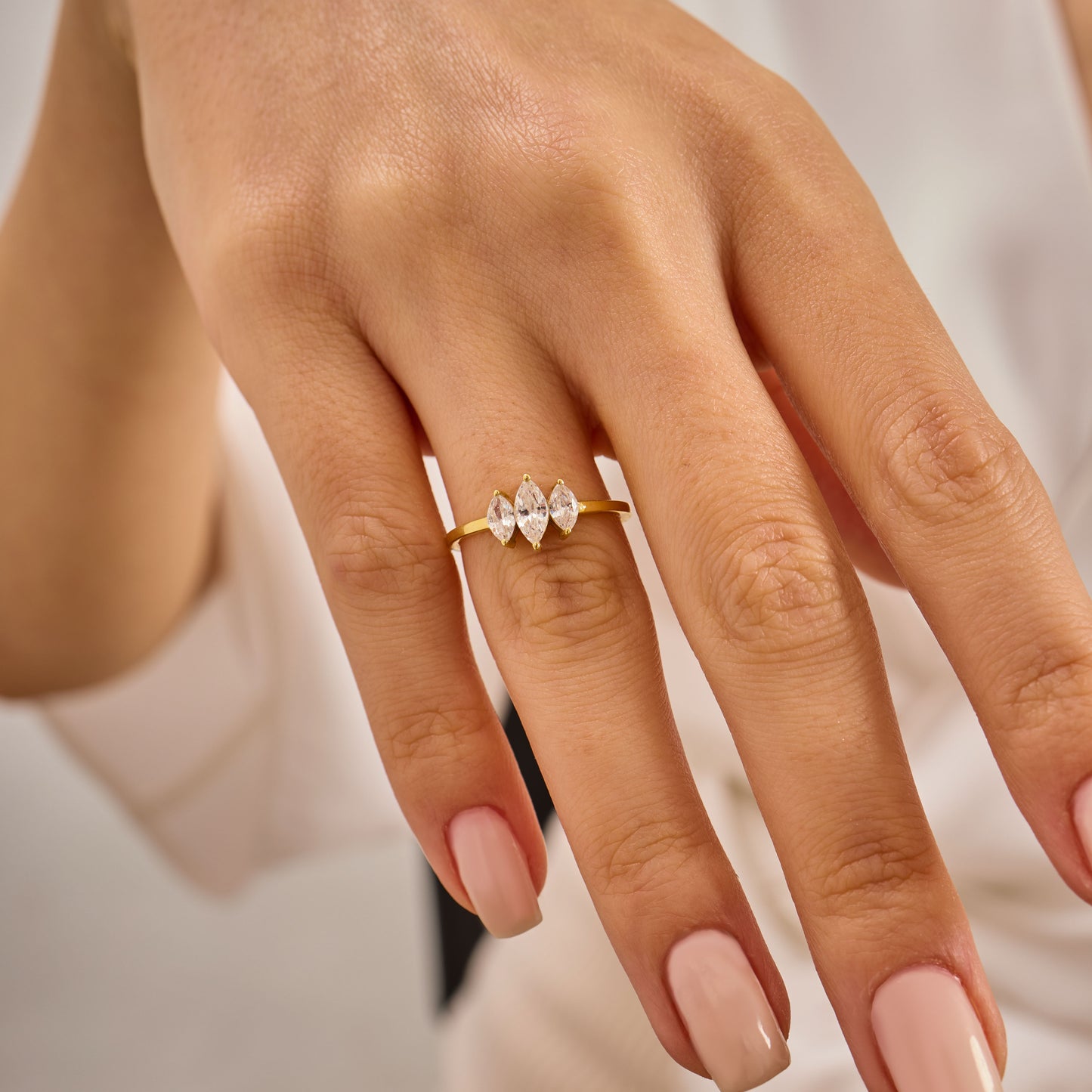 Solid Gold Three Stone Marquise Moissanite Ring – Vintage Style