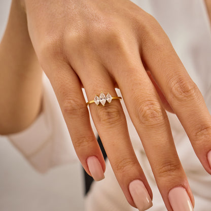 Solid Gold Three Stone Marquise Moissanite Ring – Vintage Style