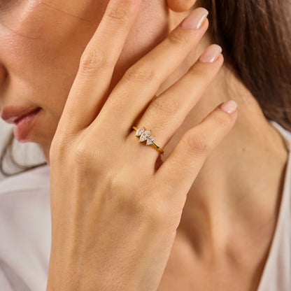 Solid Gold Three Stone Marquise Moissanite Ring – Vintage Style