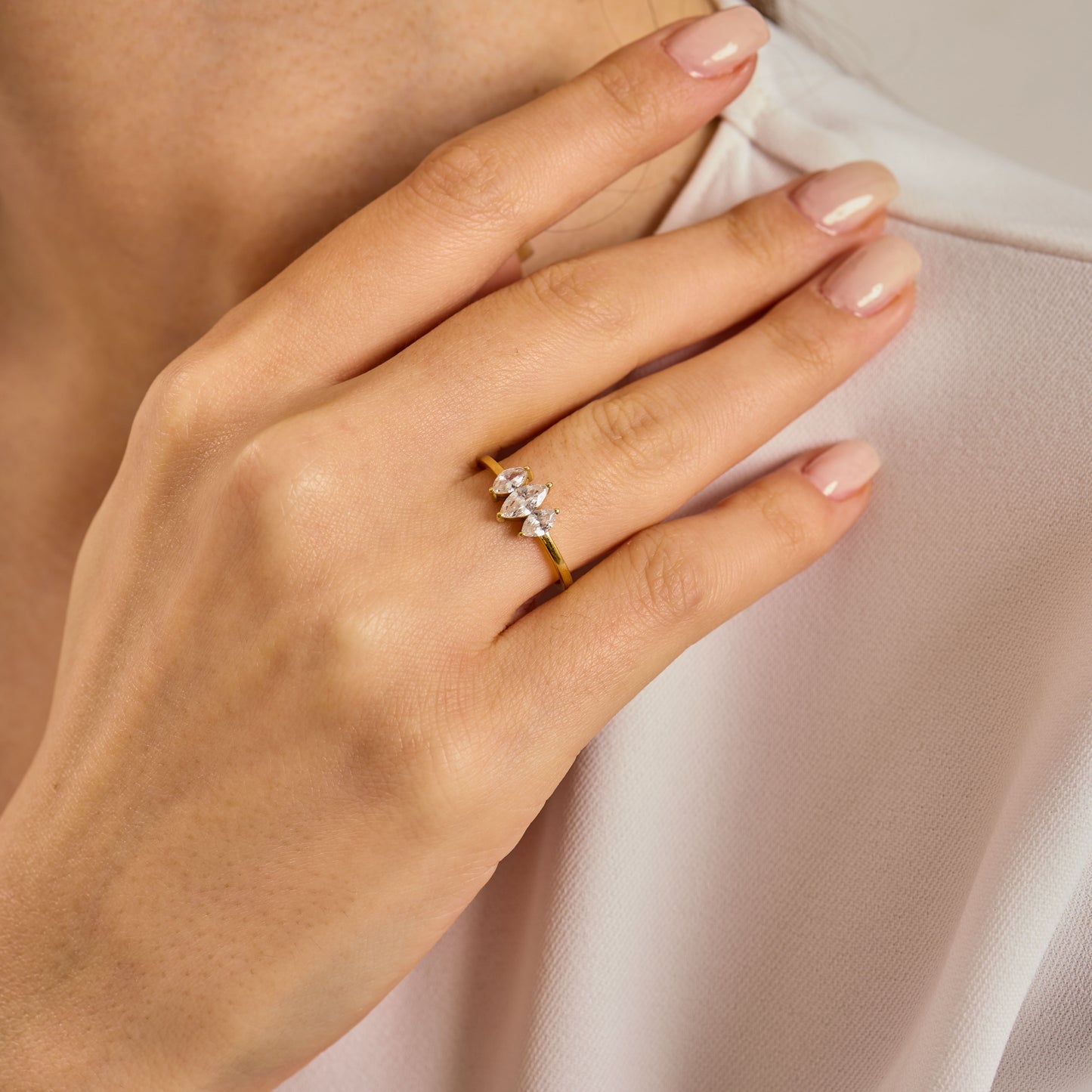 Solid Gold Three Stone Marquise Moissanite Ring – Vintage Style