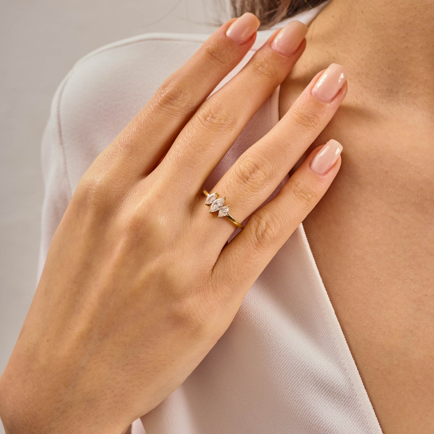 Solid Gold Three Stone Marquise Moissanite Ring – Vintage Style