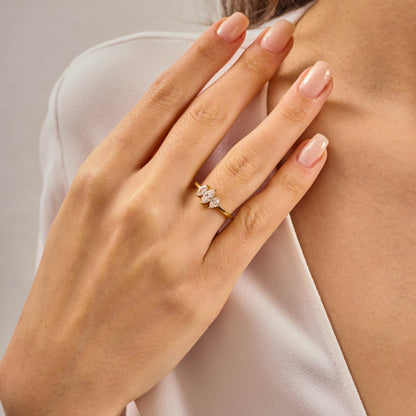 Solid Gold Three Stone Marquise Moissanite Ring – Vintage Style