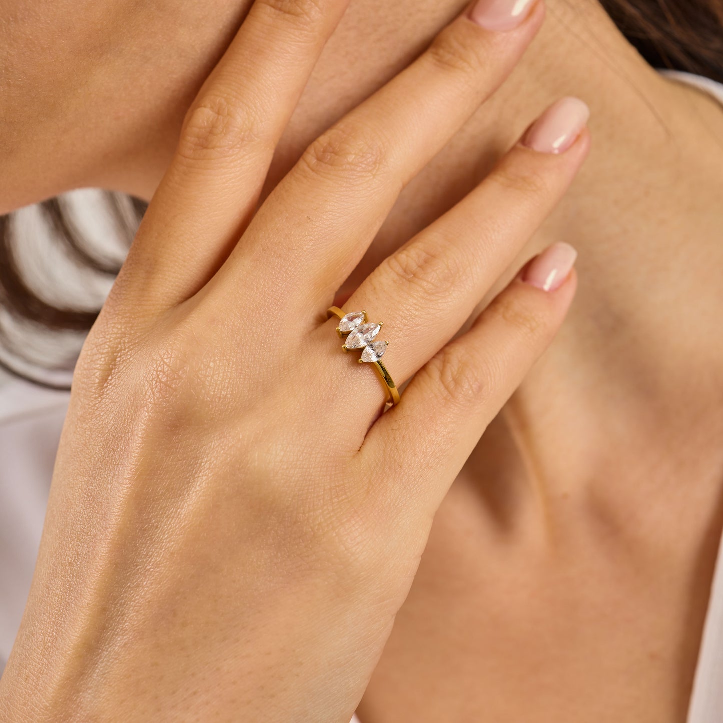 Solid Gold Three Stone Marquise Moissanite Ring – Vintage Style