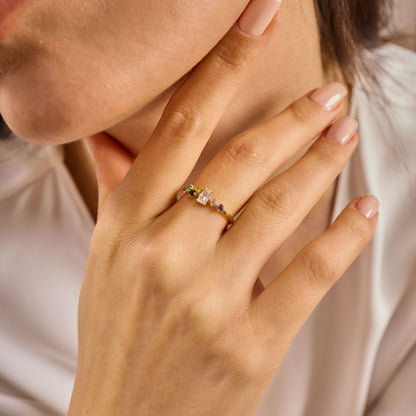 Multi Color Radiant Cut Ring, Solid Gold Radiant & Round Birthstone Ring | Dainty Minimalist Stacking Band, Unique Birthday Gift for Her